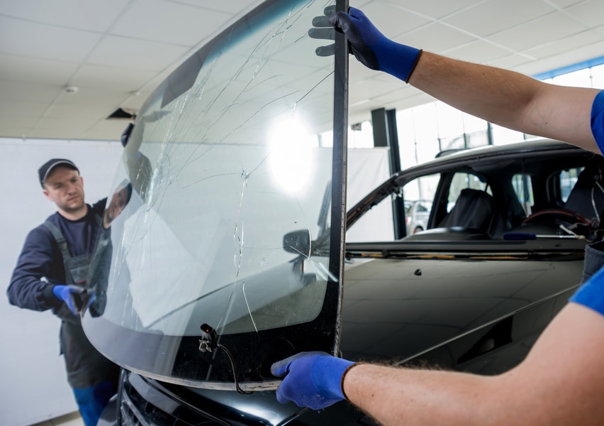 Automobile special workers remove old windscreen of a car in auto service